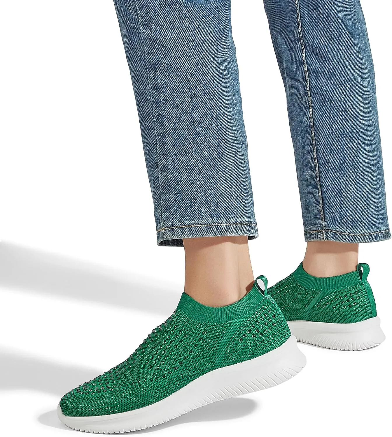 BELOS Women's Rhinestone Mesh Slip On Walking Shoes Fashion Breathable Spakle Glitter Sneaker