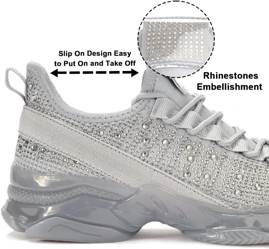 BELOS Women's Rhinestone Mesh Slip On Walking Shoes Fashion Breathable Spakle Glitter Sneaker