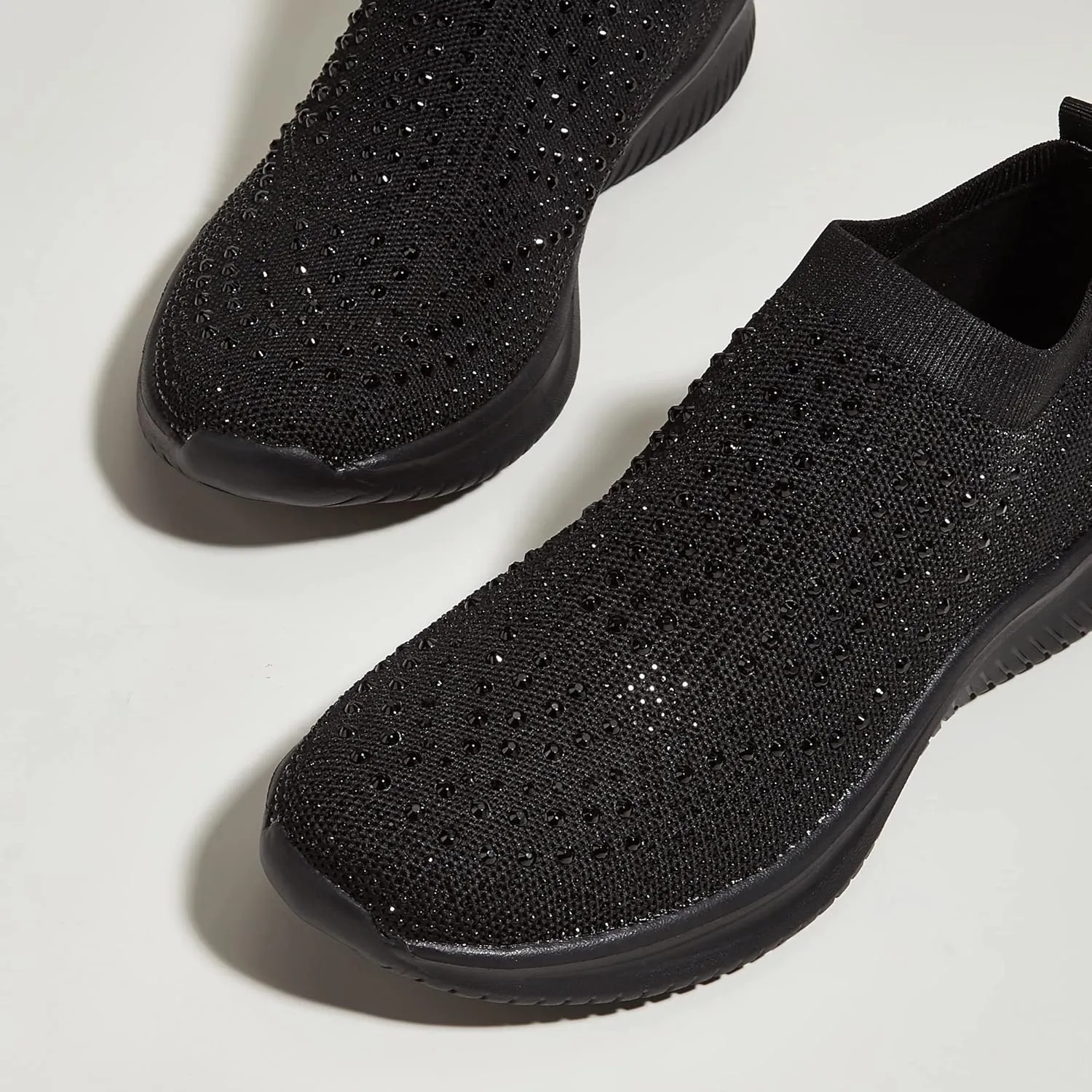 BELOS Women's Rhinestone Mesh Slip On Walking Shoes Fashion Breathable Spakle Glitter Sneaker
