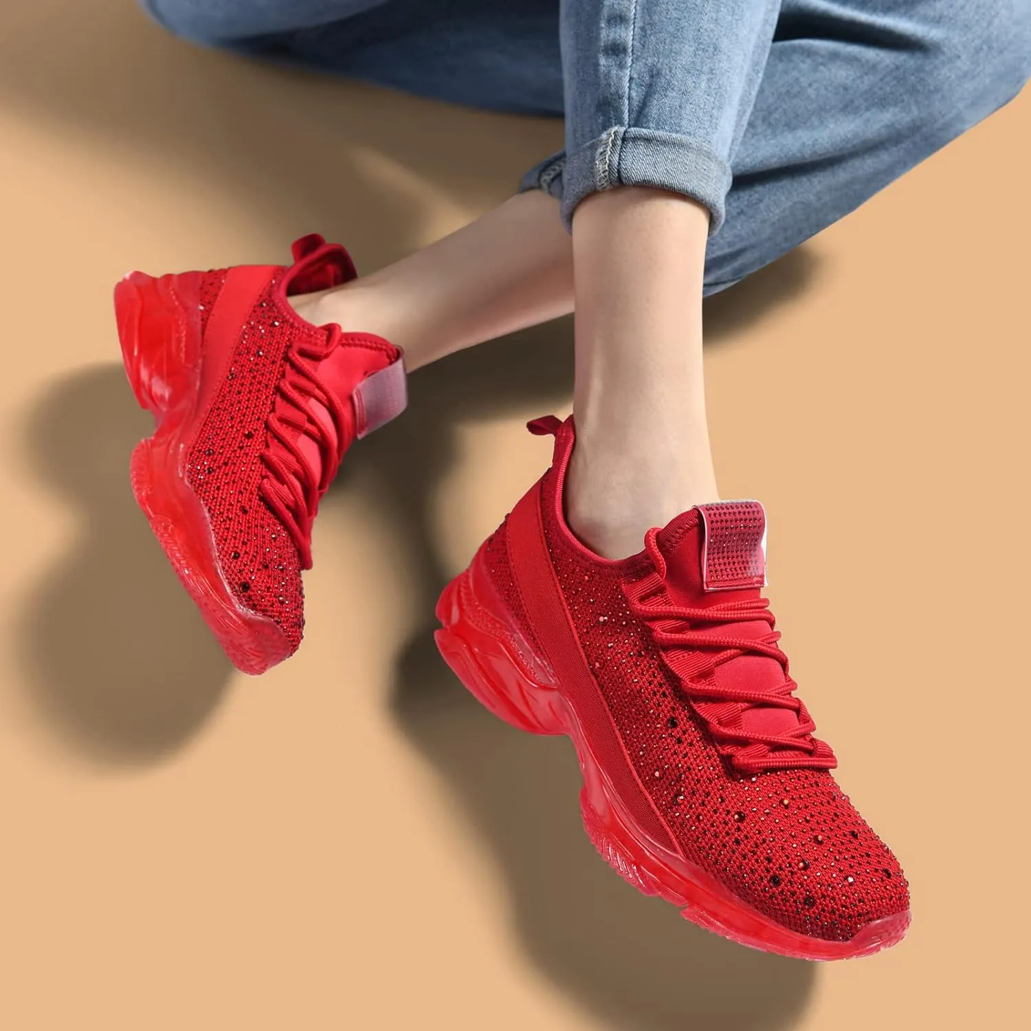 BELOS Women's Rhinestone Mesh Slip On Walking Shoes Fashion Breathable Spakle Glitter Sneaker