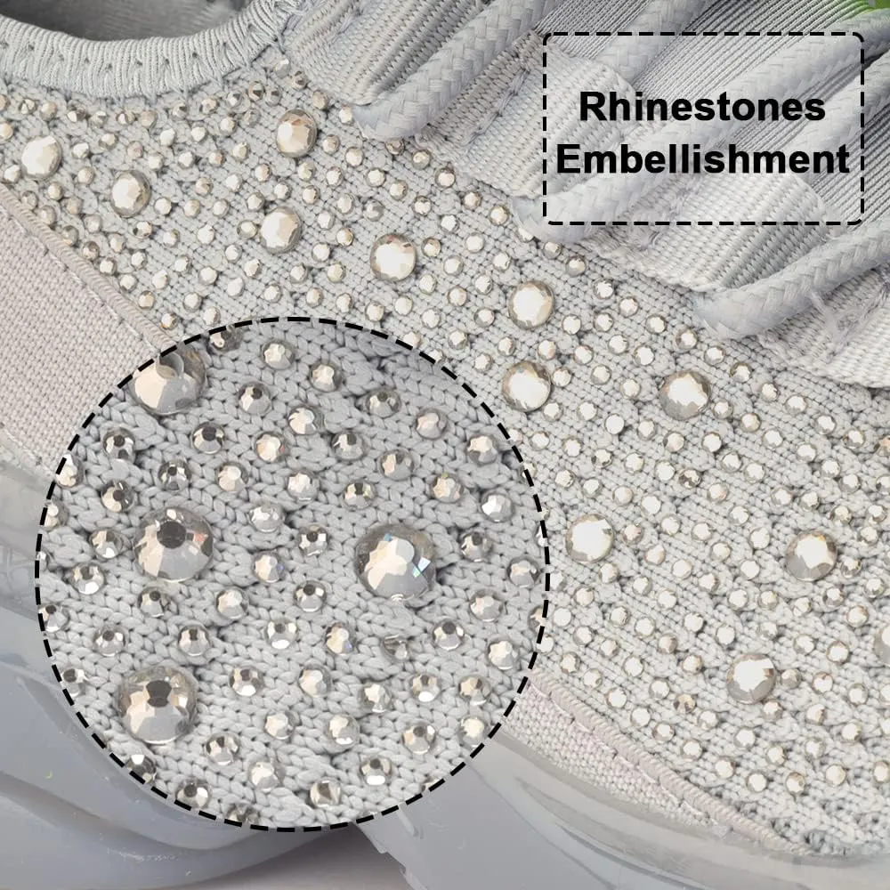 BELOS Women's Rhinestone Mesh Slip On Walking Shoes Fashion Breathable Spakle Glitter Sneaker
