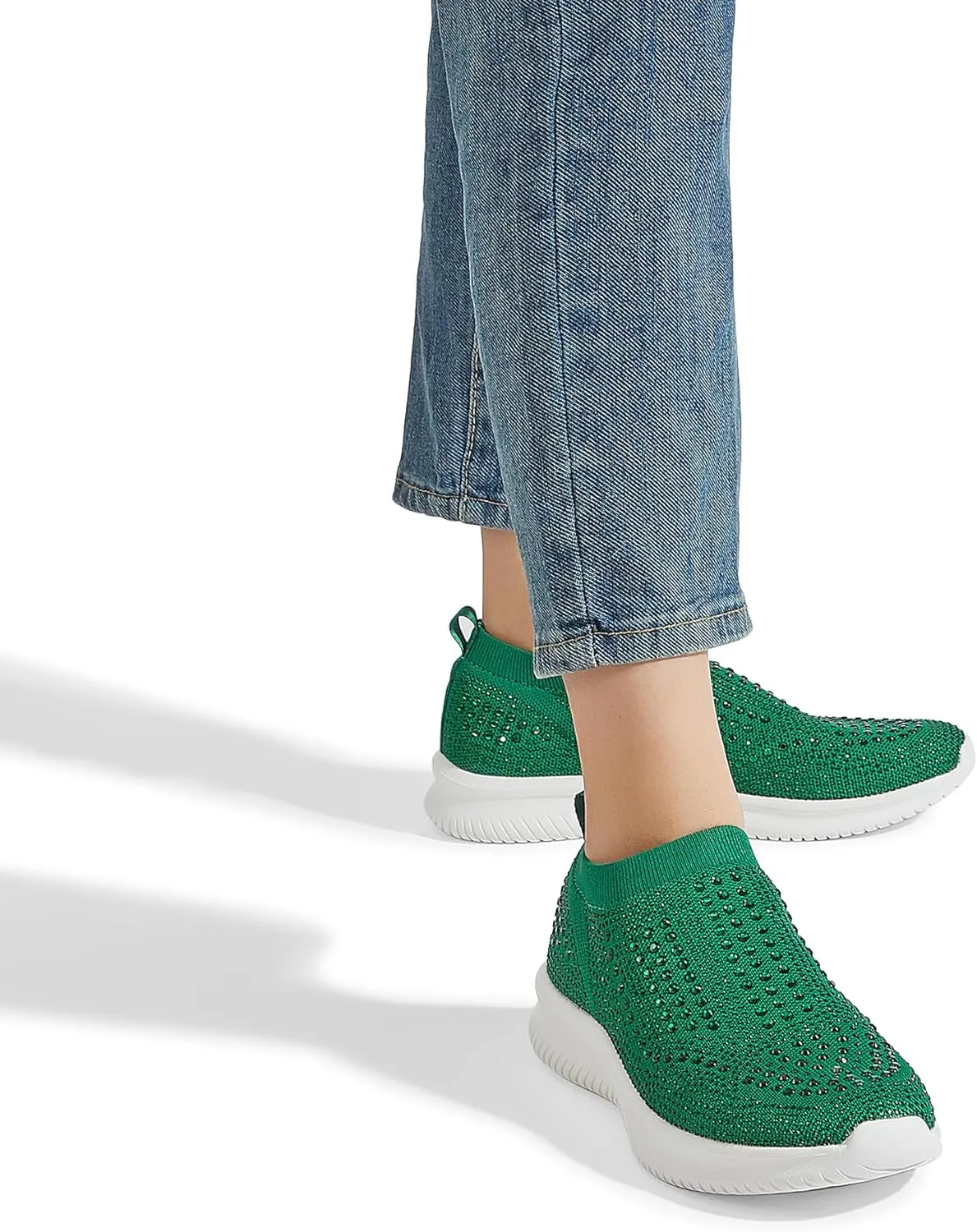 BELOS Women's Rhinestone Mesh Slip On Walking Shoes Fashion Breathable Spakle Glitter Sneaker