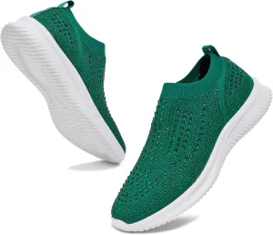 BELOS Women's Rhinestone Mesh Slip On Walking Shoes Fashion Breathable Spakle Glitter Sneaker