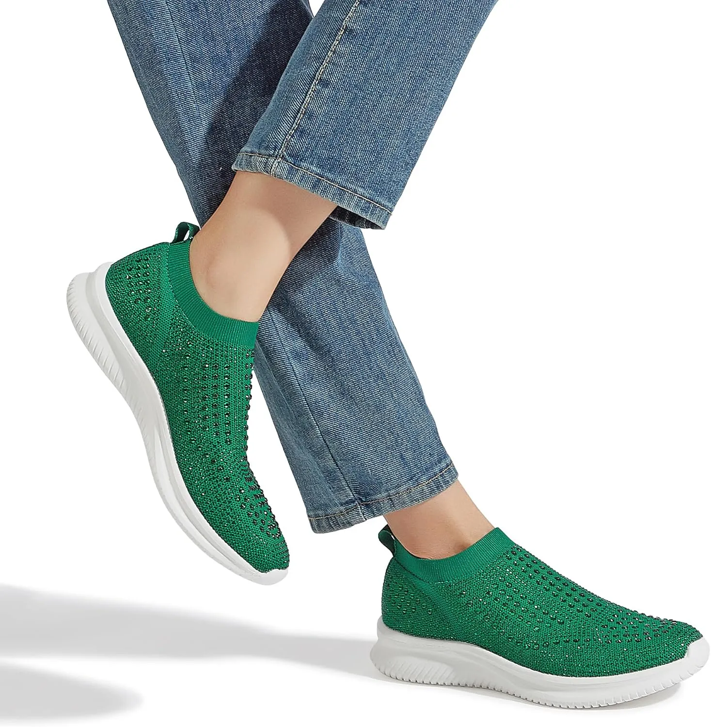 BELOS Women's Rhinestone Mesh Slip On Walking Shoes Fashion Breathable Spakle Glitter Sneaker