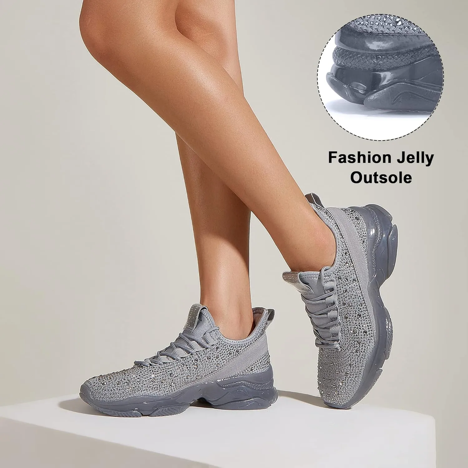 BELOS Women's Rhinestone Mesh Slip On Walking Shoes Fashion Breathable Spakle Glitter Sneaker