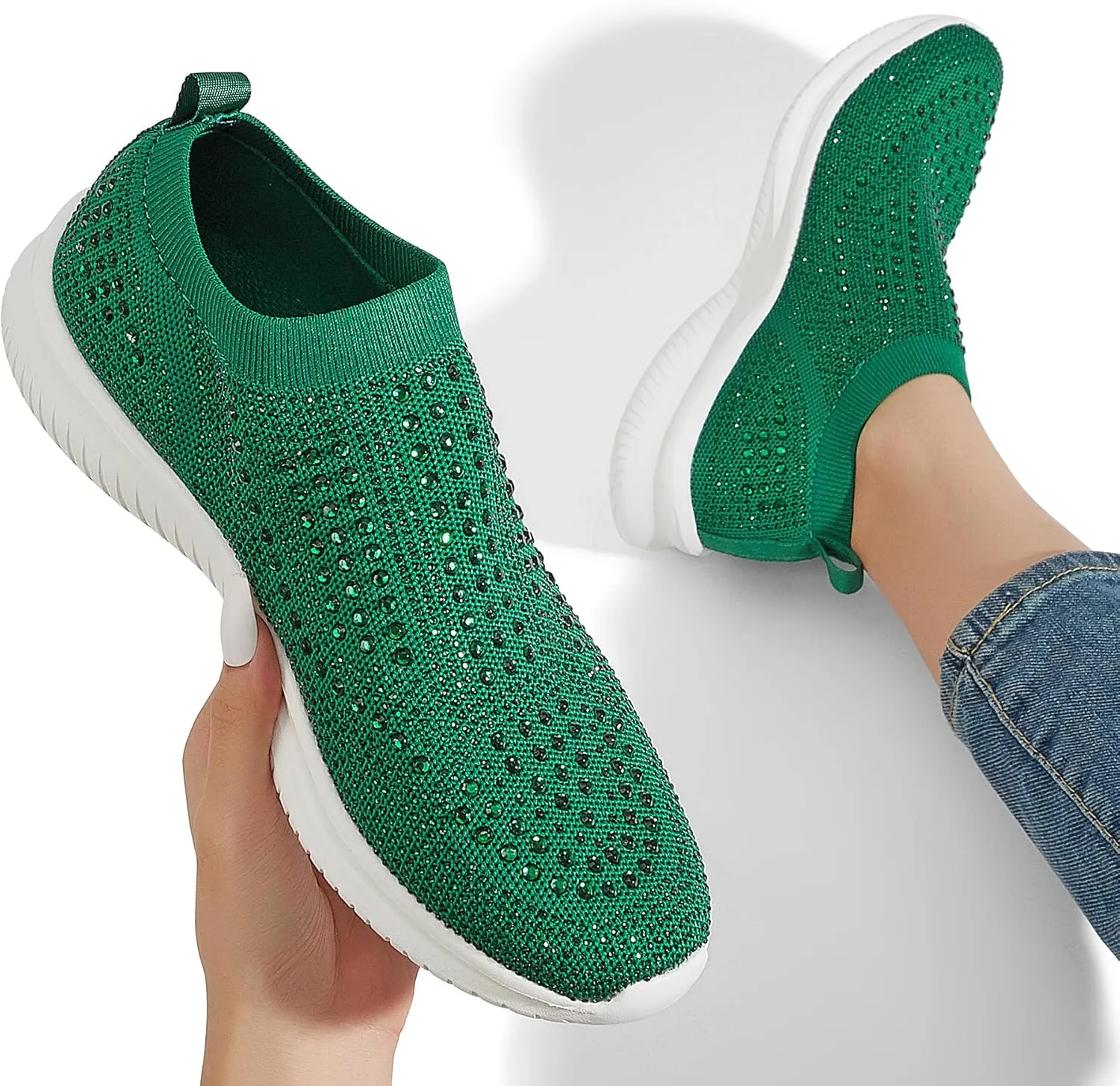 BELOS Women's Rhinestone Mesh Slip On Walking Shoes Fashion Breathable Spakle Glitter Sneaker