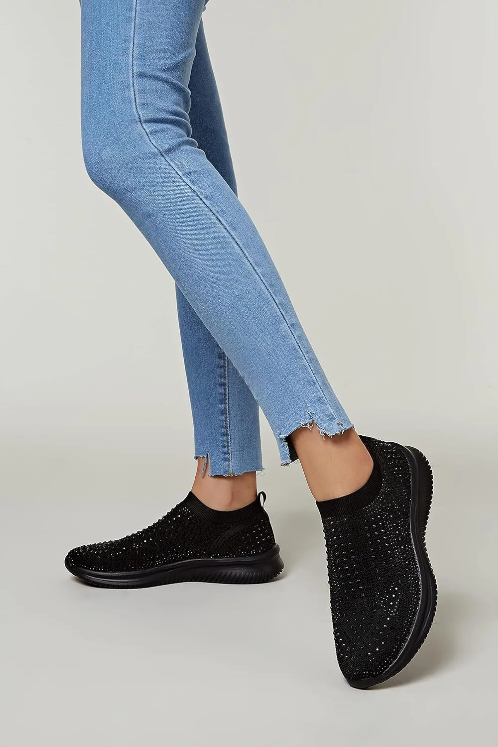 BELOS Women's Rhinestone Mesh Slip On Walking Shoes Fashion Breathable Spakle Glitter Sneaker