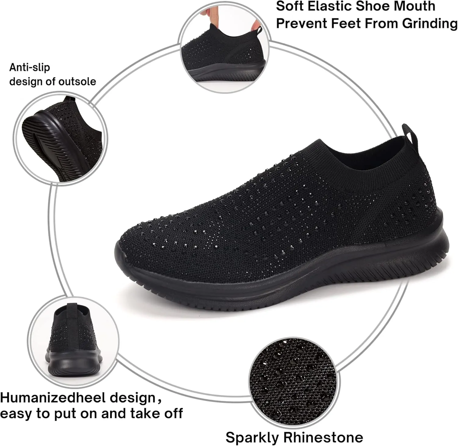 BELOS Women's Rhinestone Mesh Slip On Walking Shoes Fashion Breathable Spakle Glitter Sneaker