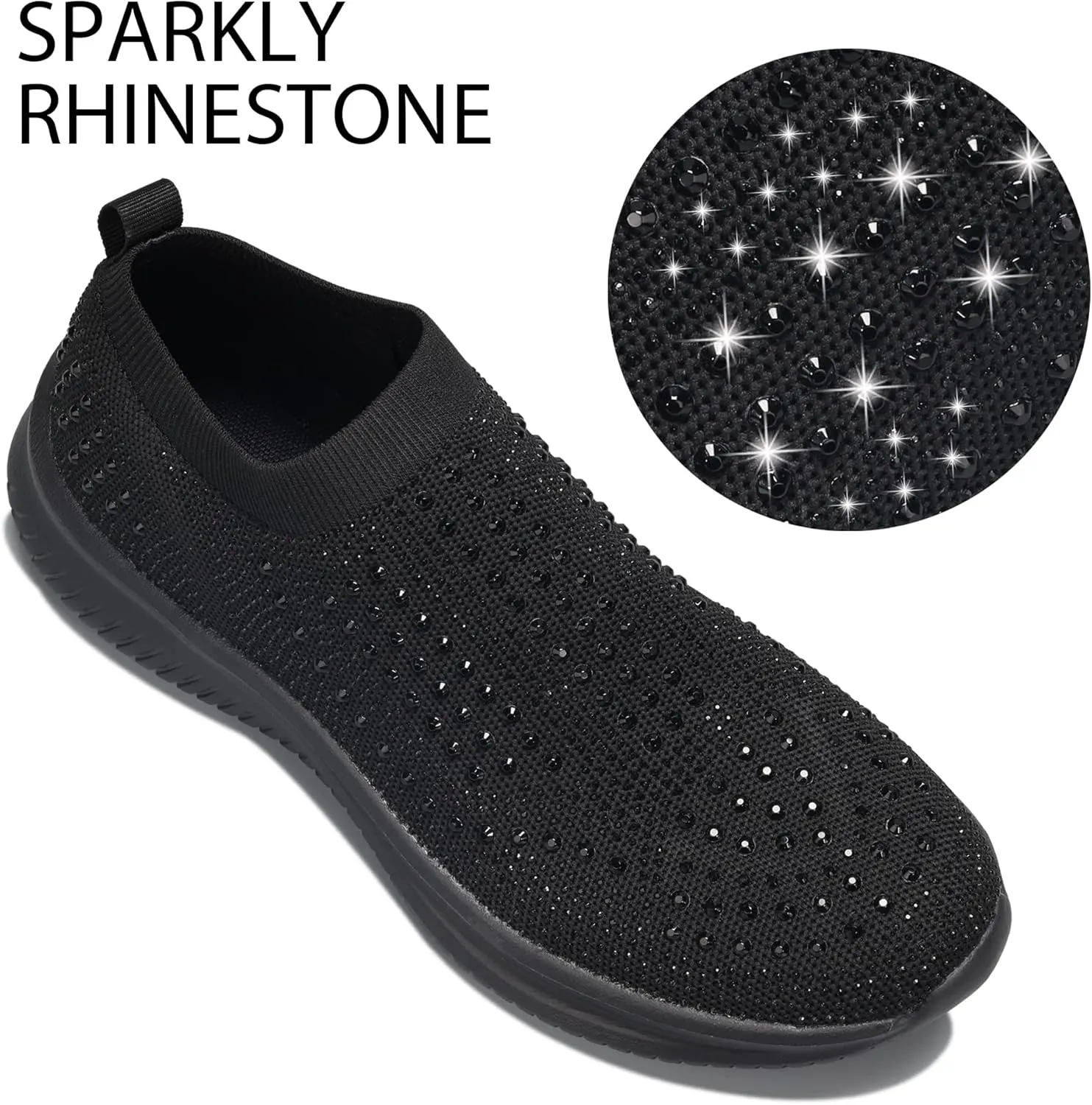 BELOS Women's Rhinestone Mesh Slip On Walking Shoes Fashion Breathable Spakle Glitter Sneaker