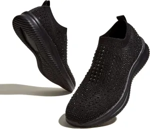 BELOS Women's Rhinestone Mesh Slip On Walking Shoes Fashion Breathable Spakle Glitter Sneaker