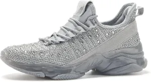 BELOS Women's Rhinestone Mesh Slip On Walking Shoes Fashion Breathable Spakle Glitter Sneaker