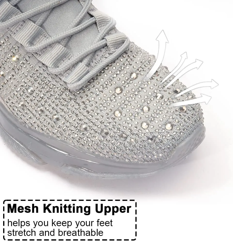 BELOS Women's Rhinestone Mesh Slip On Walking Shoes Fashion Breathable Spakle Glitter Sneaker
