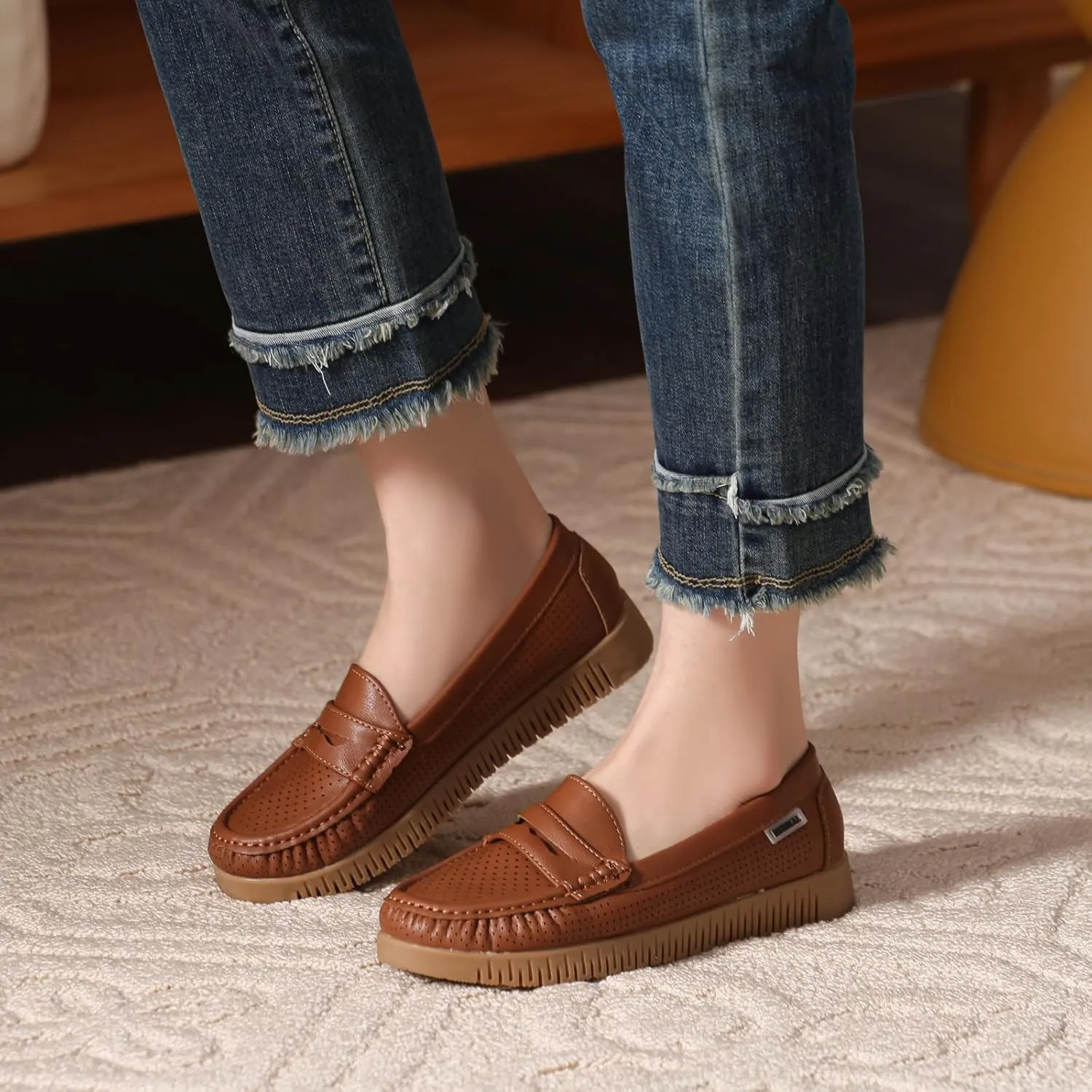 Bernal Loafers for Women Slip On Penny Loafers Hollow Out Breathable Slip On Flat Shoes Work Walking Shoes with Buckle