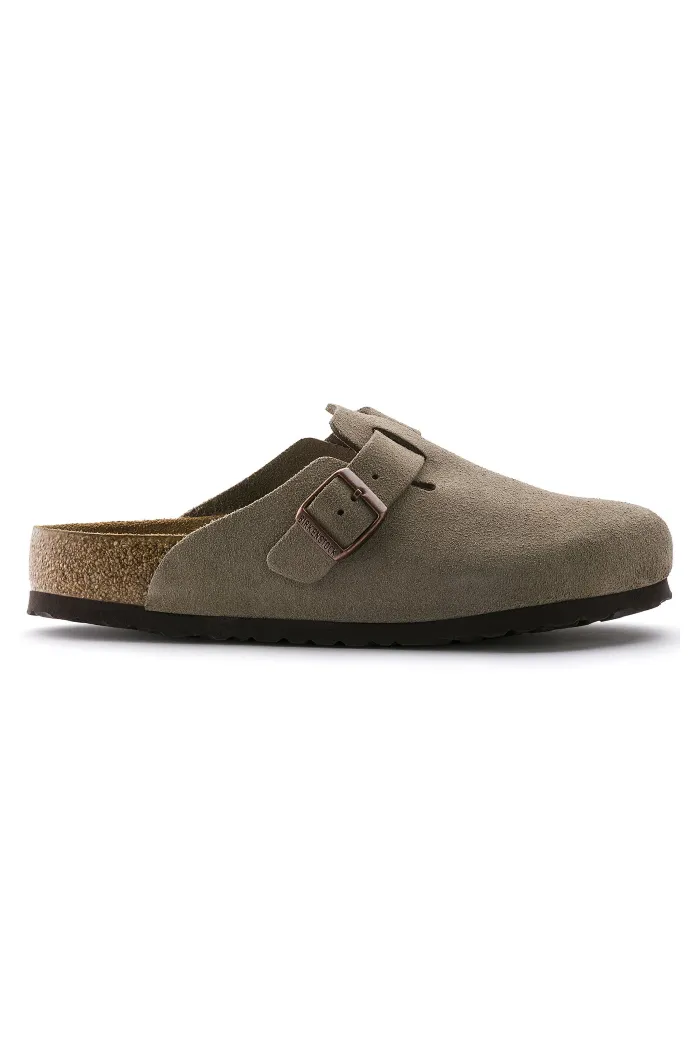 Birkenstock Boston  Soft Footbed Regular Width in Taupe Suede