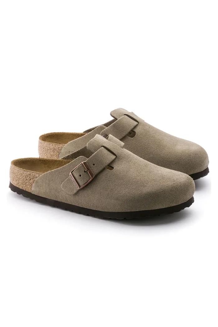Birkenstock Boston  Soft Footbed Regular Width in Taupe Suede