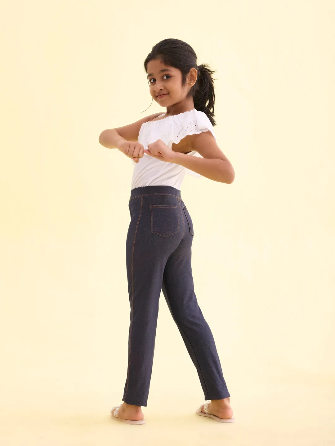 Blue Cotton Poly Stretch Knit Jeggings