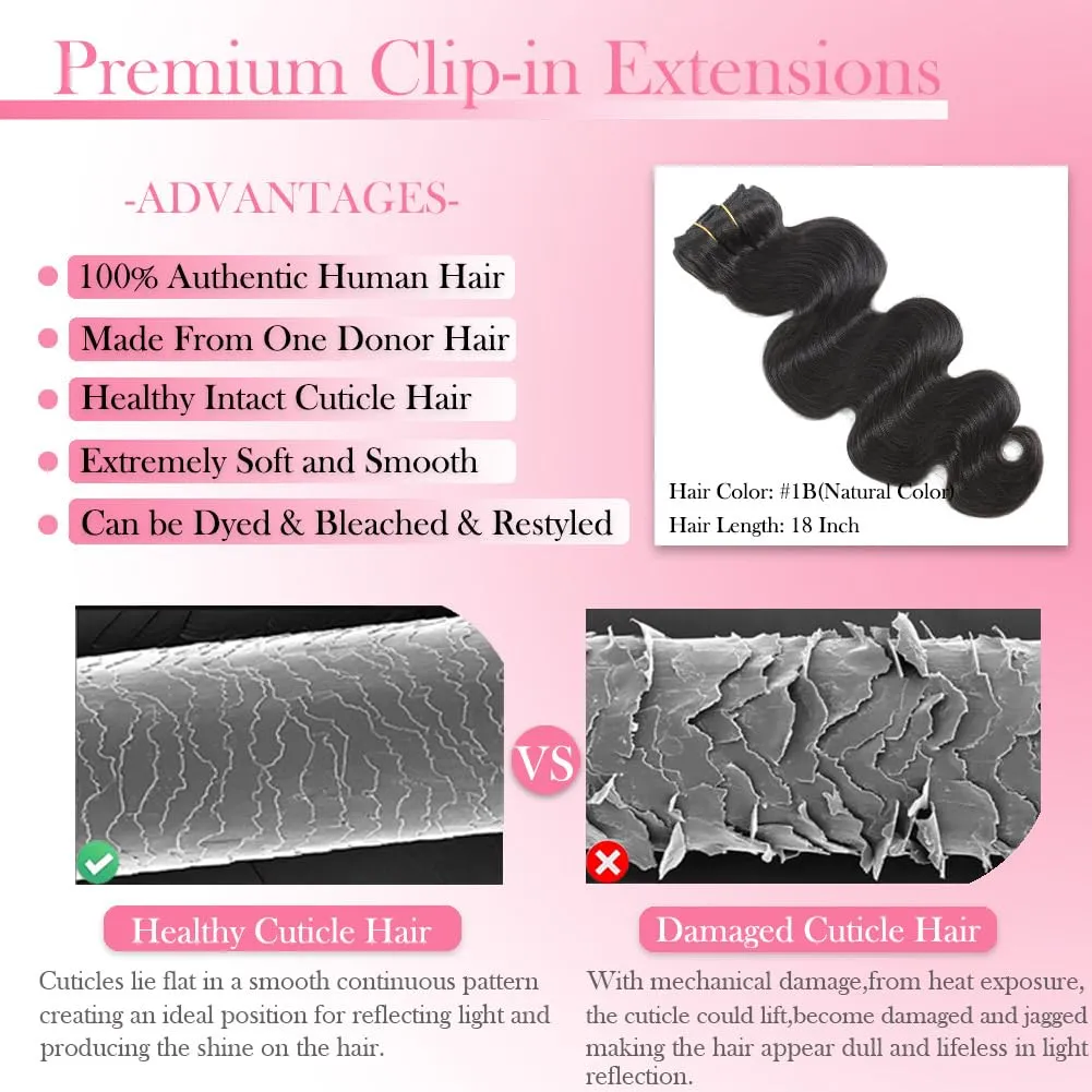Body Wave Clip in Hair Extensions Real Human Hair, 8Pcs 120g Wavy Human Hair Clip in Extensions for Women 12A Brazilian Virgin Wavy Human Hair Extensions Clip ins Natural Black (#1B,16 Inch)