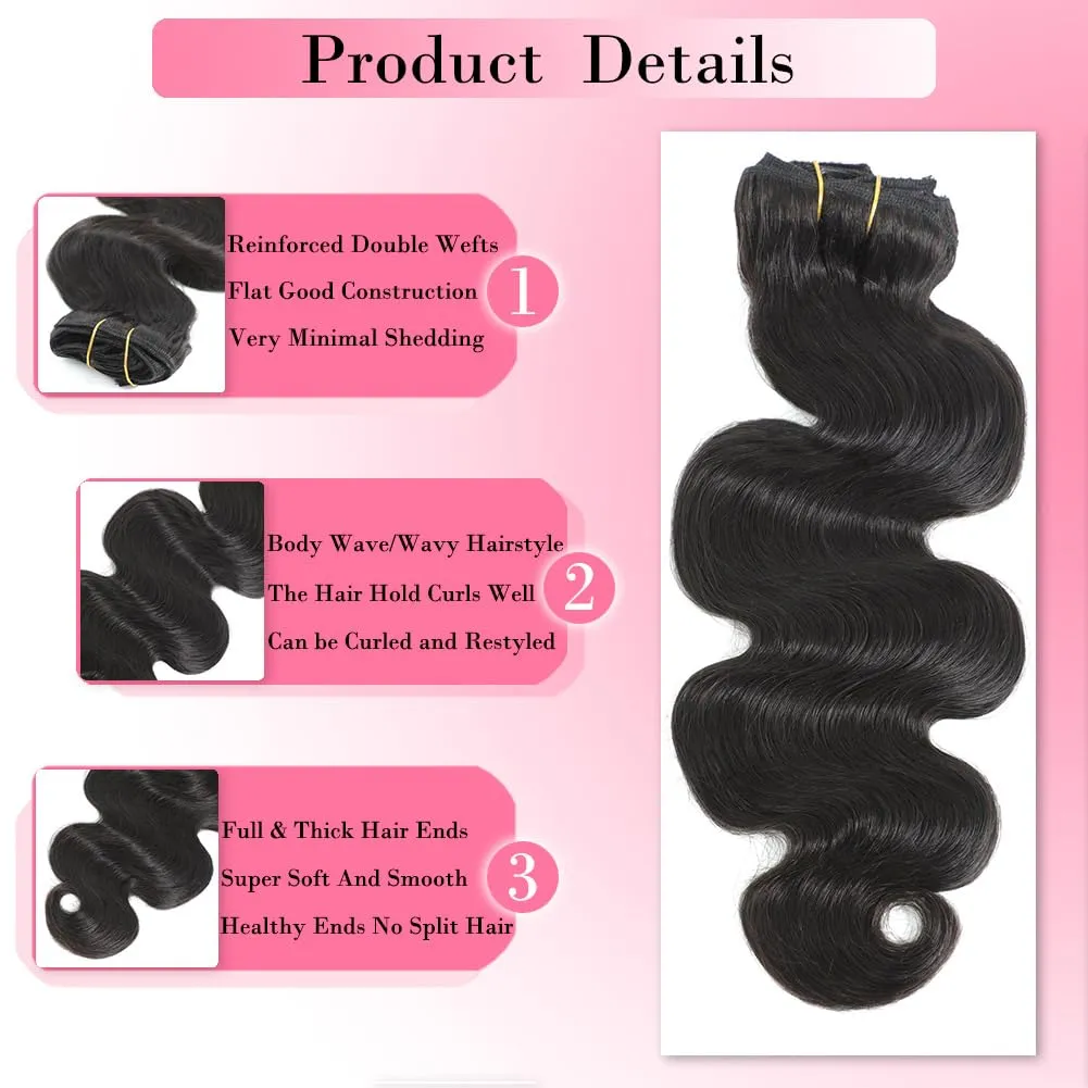 Body Wave Clip in Hair Extensions Real Human Hair, 8Pcs 120g Wavy Human Hair Clip in Extensions for Women 12A Brazilian Virgin Wavy Human Hair Extensions Clip ins Natural Black (#1B,16 Inch)