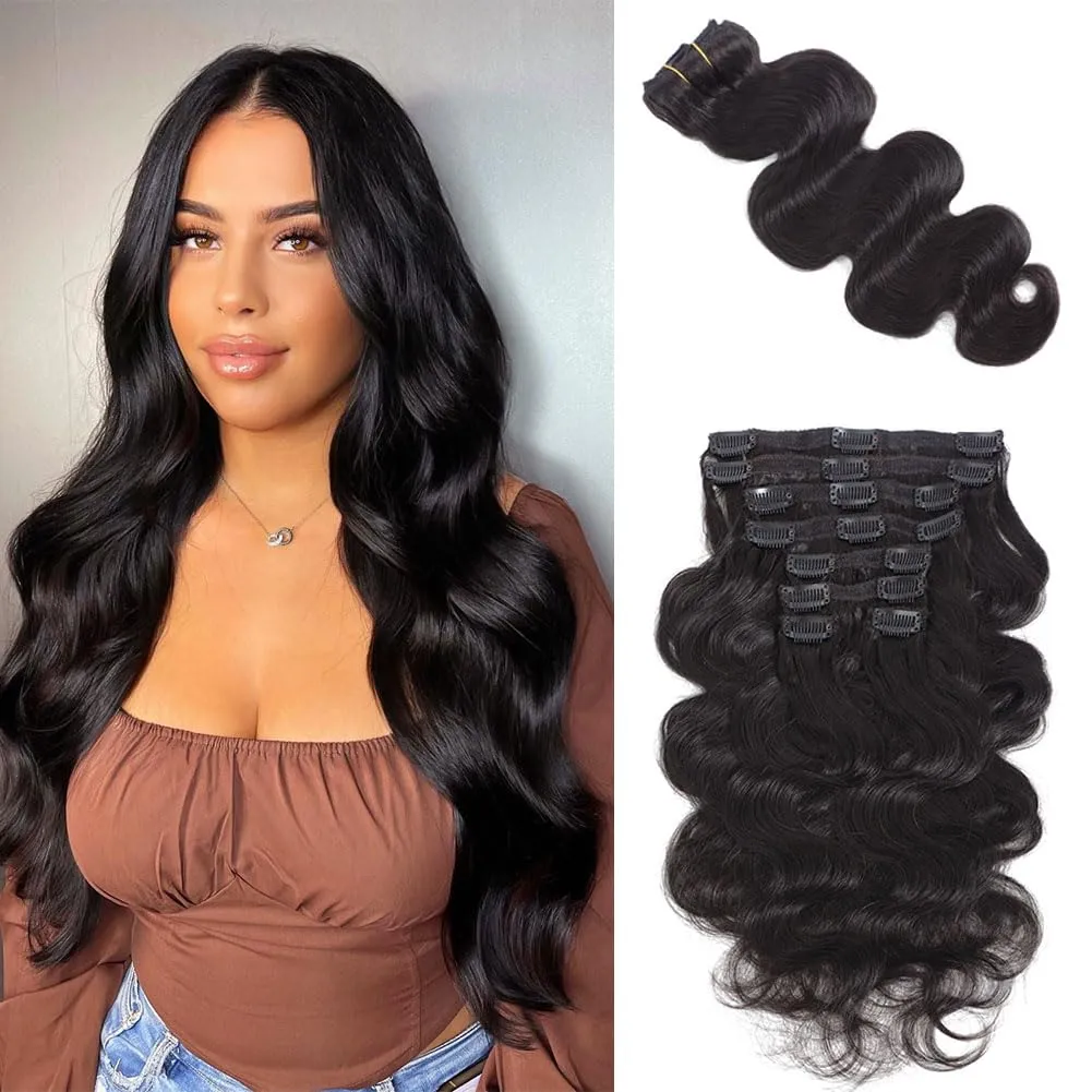 Body Wave Clip in Hair Extensions Real Human Hair, 8Pcs 120g Wavy Human Hair Clip in Extensions for Women 12A Brazilian Virgin Wavy Human Hair Extensions Clip ins Natural Black (#1B,16 Inch)