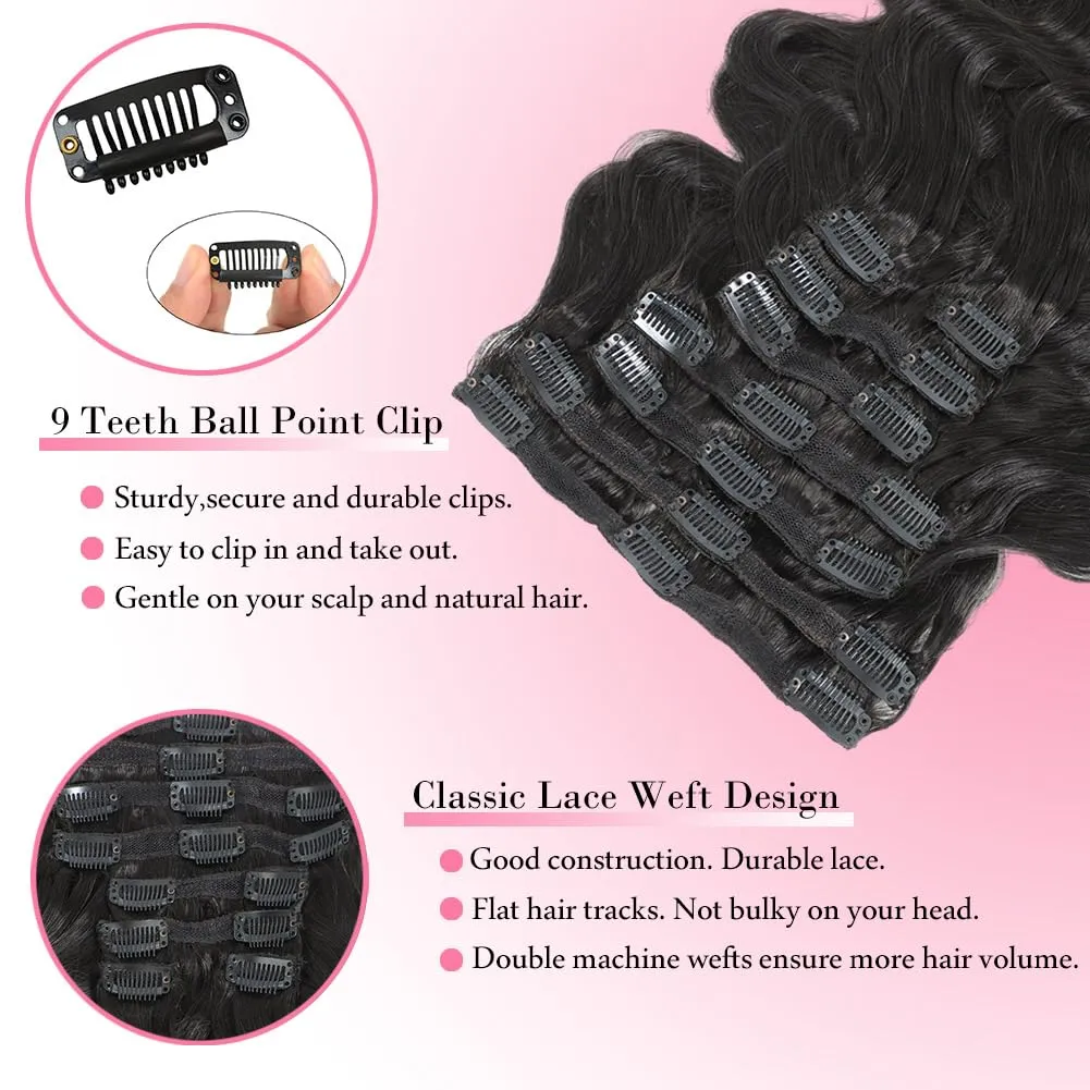 Body Wave Clip in Hair Extensions Real Human Hair, 8Pcs 120g Wavy Human Hair Clip in Extensions for Women 12A Brazilian Virgin Wavy Human Hair Extensions Clip ins Natural Black (#1B,16 Inch)