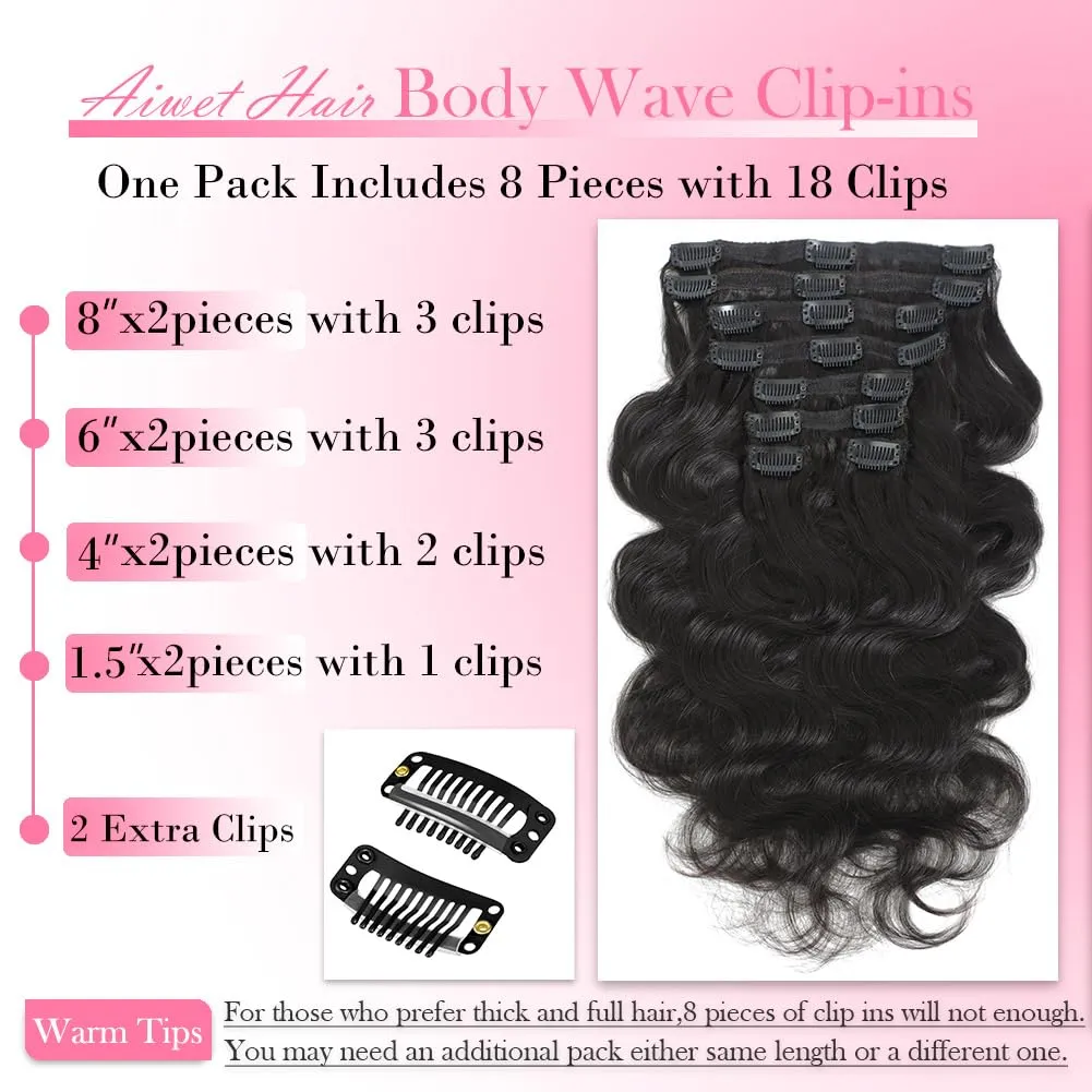 Body Wave Clip in Hair Extensions Real Human Hair, 8Pcs 120g Wavy Human Hair Clip in Extensions for Women 12A Brazilian Virgin Wavy Human Hair Extensions Clip ins Natural Black (#1B,16 Inch)