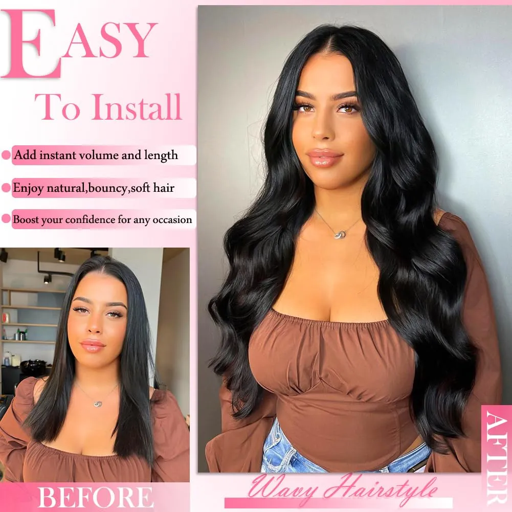 Body Wave Clip in Hair Extensions Real Human Hair, 8Pcs 120g Wavy Human Hair Clip in Extensions for Women 12A Brazilian Virgin Wavy Human Hair Extensions Clip ins Natural Black (#1B,16 Inch)