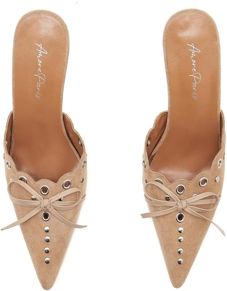 Bow Tie Heeled Mules for Women Pointy Studs Kitten Heels Dress Pumps Backless Stilettos Heels