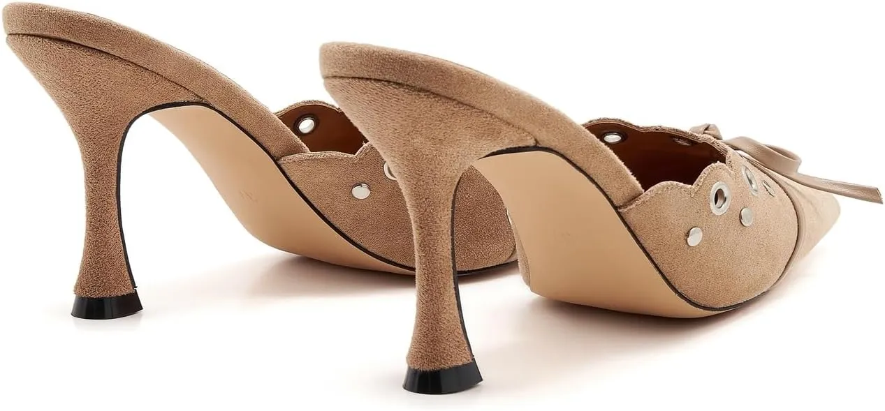 Bow Tie Heeled Mules for Women Pointy Studs Kitten Heels Dress Pumps Backless Stilettos Heels