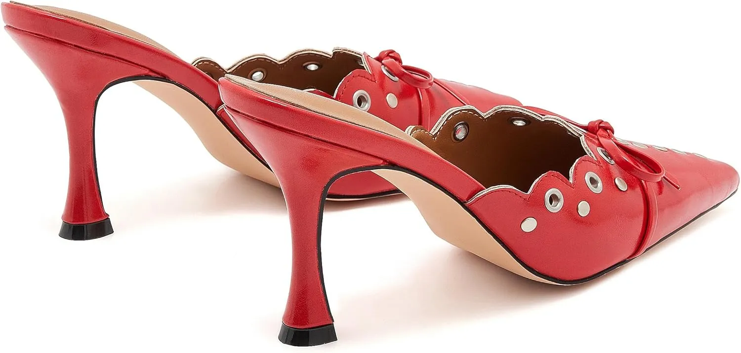 Bow Tie Heeled Mules for Women Pointy Studs Kitten Heels Dress Pumps Backless Stilettos Heels