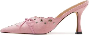 Bow Tie Heeled Mules for Women Pointy Studs Kitten Heels Dress Pumps Backless Stilettos Heels