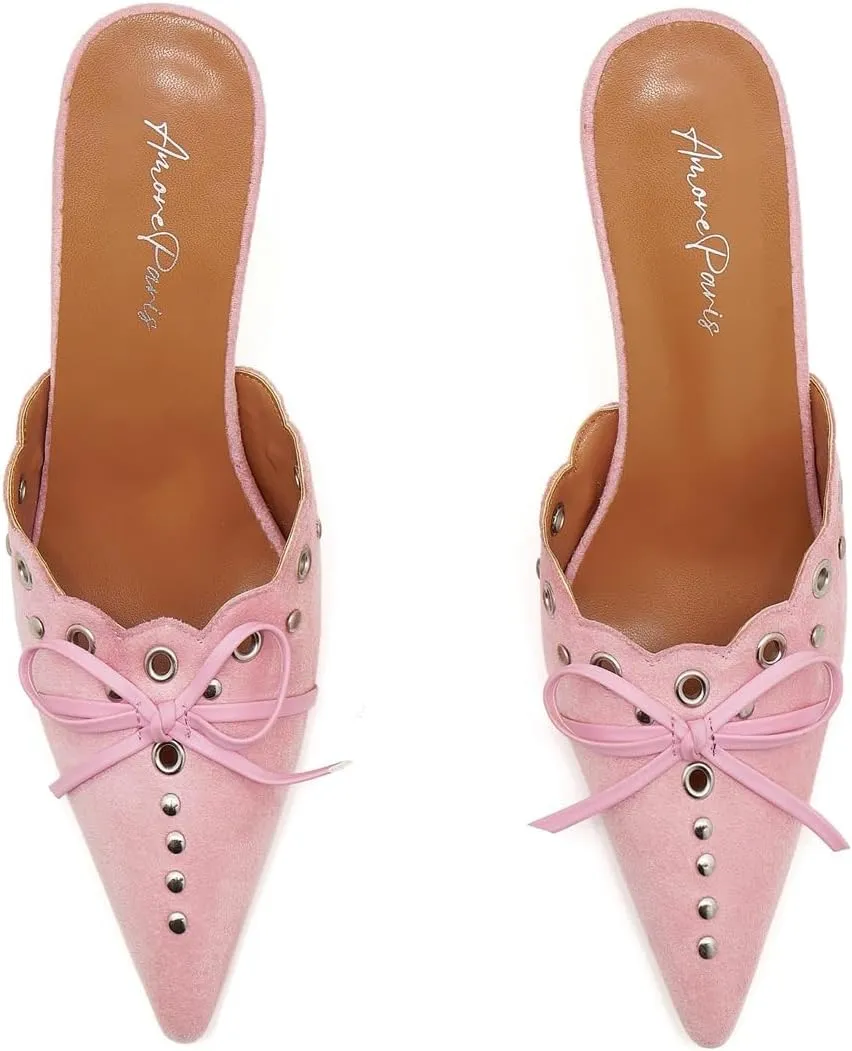 Bow Tie Heeled Mules for Women Pointy Studs Kitten Heels Dress Pumps Backless Stilettos Heels