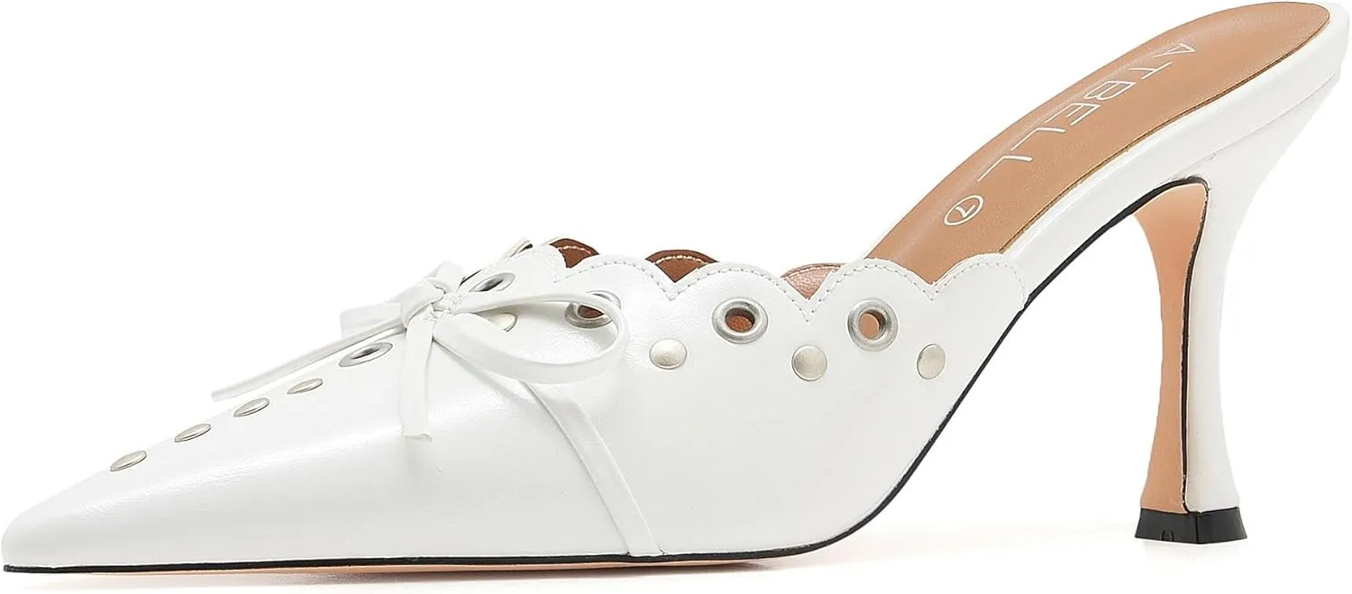 Bow Tie Heeled Mules for Women Pointy Studs Kitten Heels Dress Pumps Backless Stilettos Heels