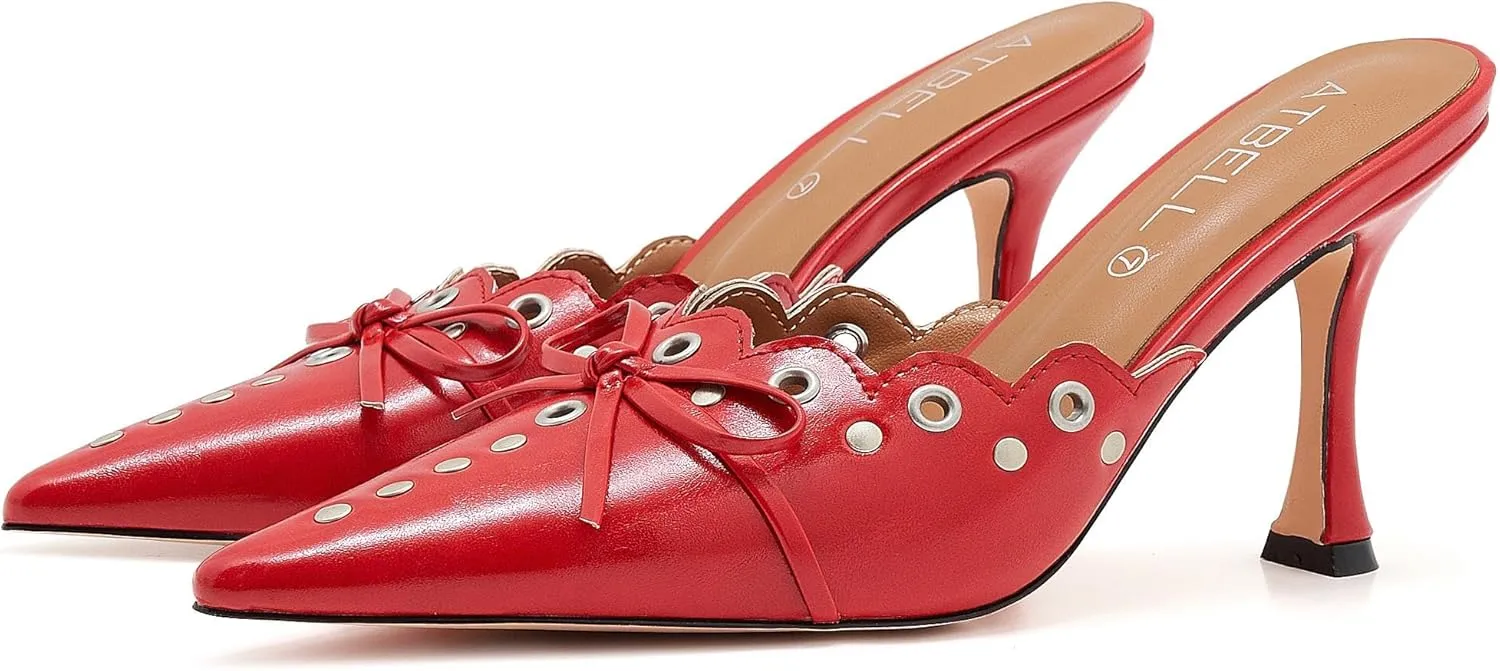 Bow Tie Heeled Mules for Women Pointy Studs Kitten Heels Dress Pumps Backless Stilettos Heels