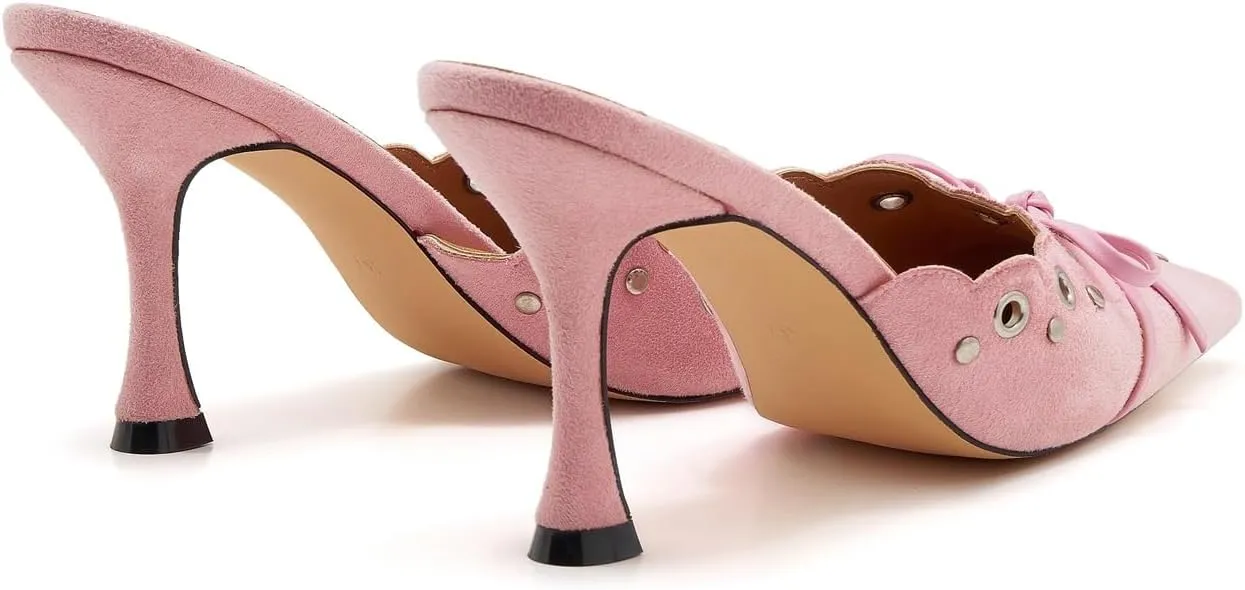Bow Tie Heeled Mules for Women Pointy Studs Kitten Heels Dress Pumps Backless Stilettos Heels