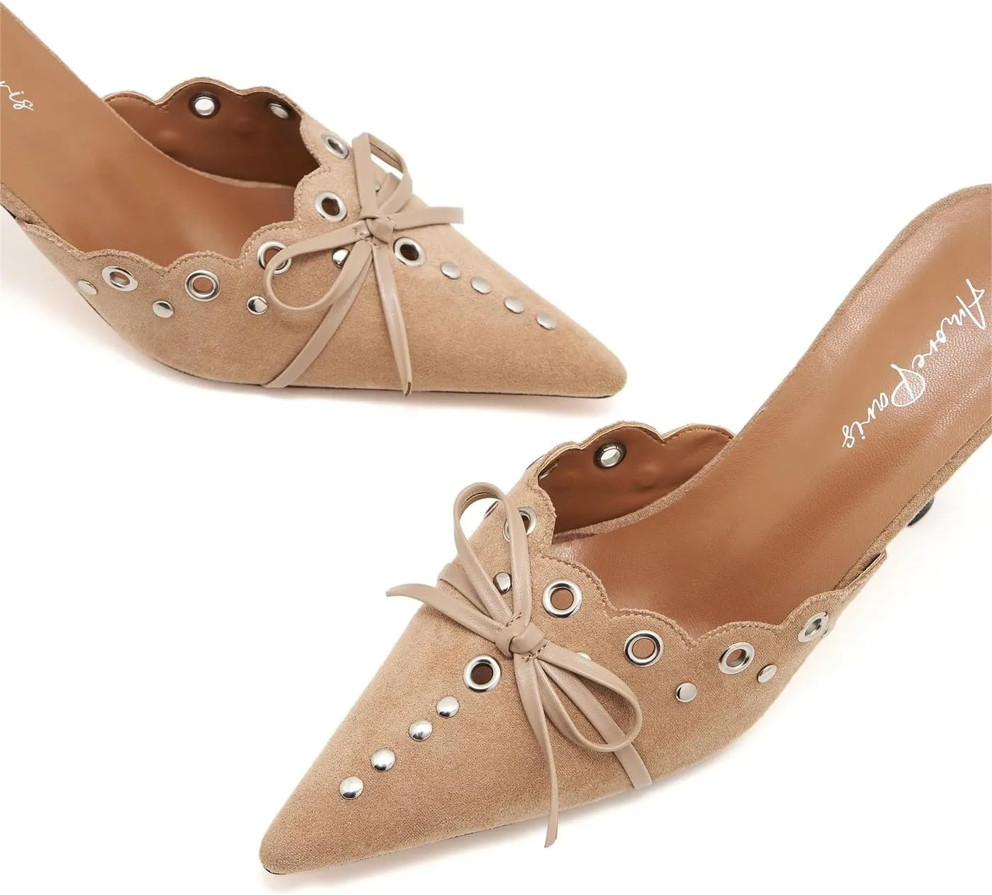 Bow Tie Heeled Mules for Women Pointy Studs Kitten Heels Dress Pumps Backless Stilettos Heels