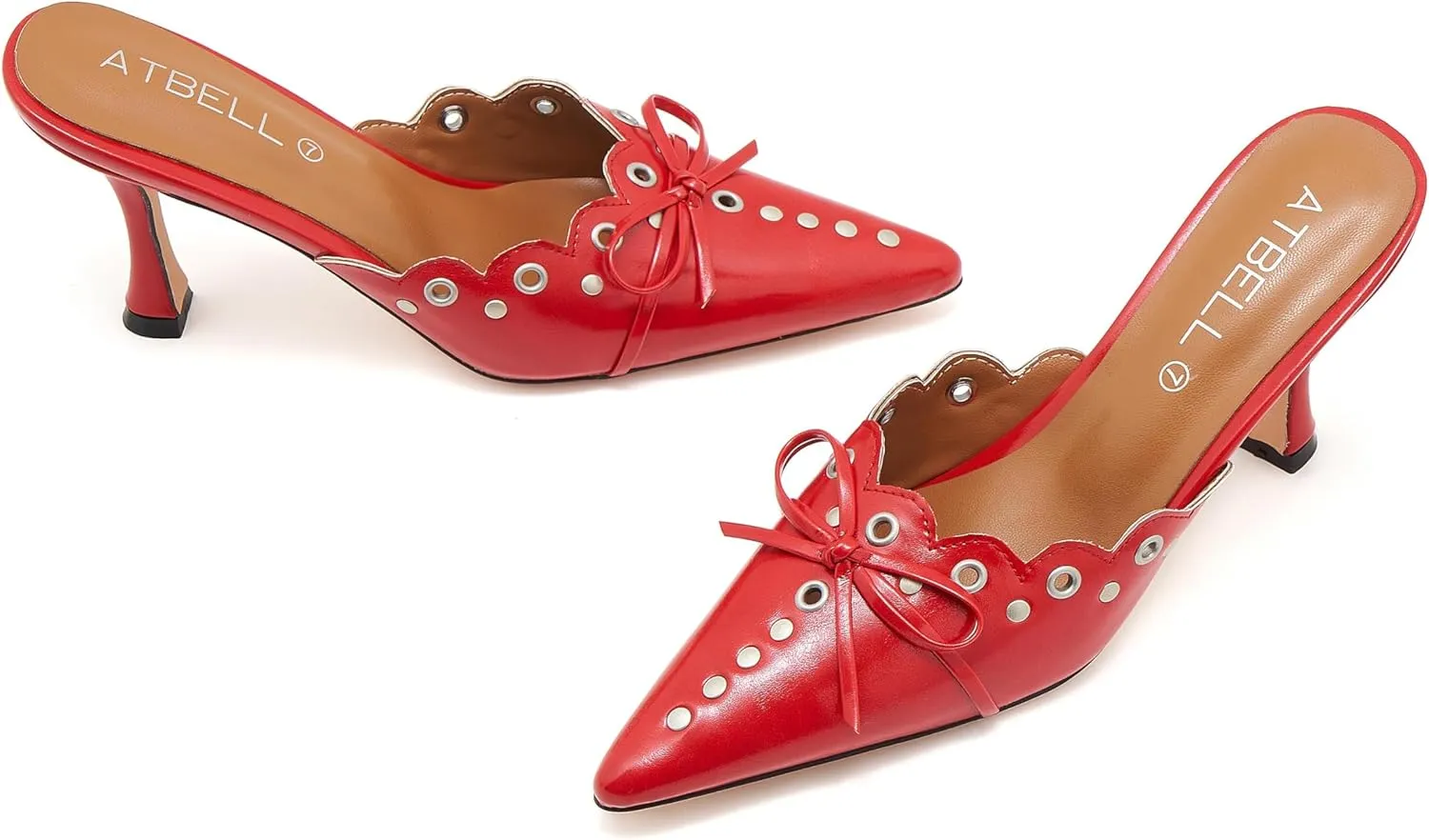 Bow Tie Heeled Mules for Women Pointy Studs Kitten Heels Dress Pumps Backless Stilettos Heels