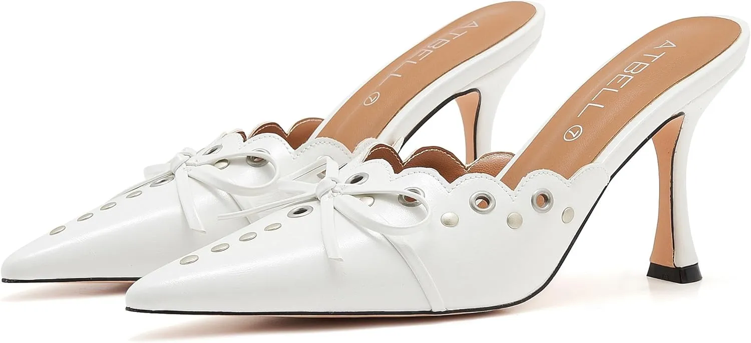 Bow Tie Heeled Mules for Women Pointy Studs Kitten Heels Dress Pumps Backless Stilettos Heels