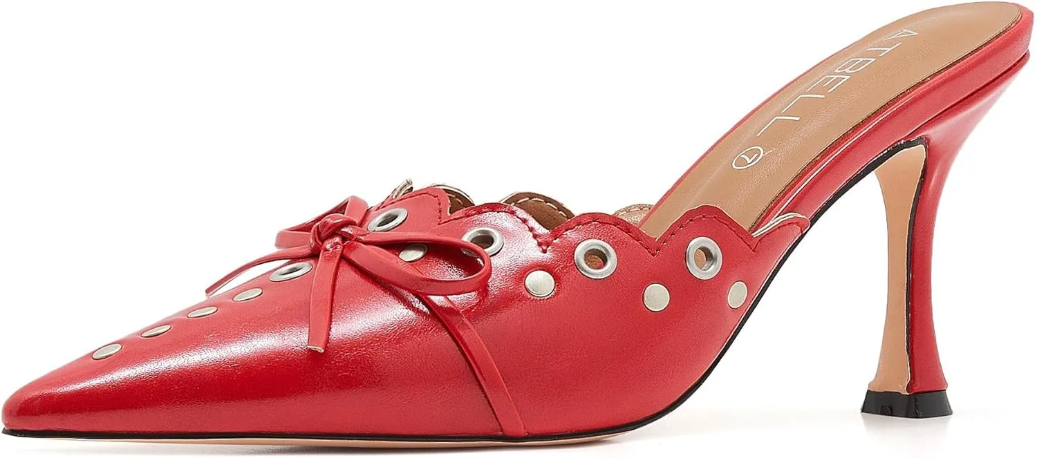 Bow Tie Heeled Mules for Women Pointy Studs Kitten Heels Dress Pumps Backless Stilettos Heels