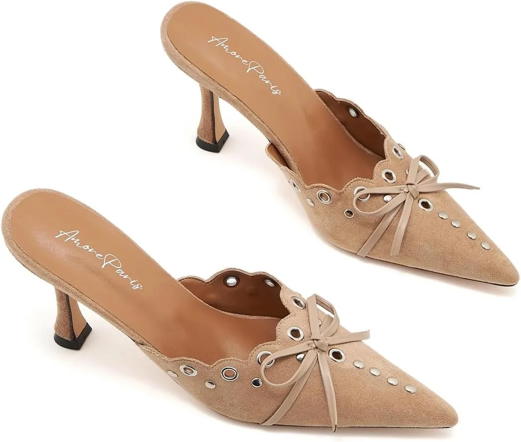 Bow Tie Heeled Mules for Women Pointy Studs Kitten Heels Dress Pumps Backless Stilettos Heels