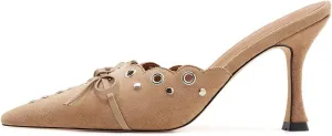 Bow Tie Heeled Mules for Women Pointy Studs Kitten Heels Dress Pumps Backless Stilettos Heels