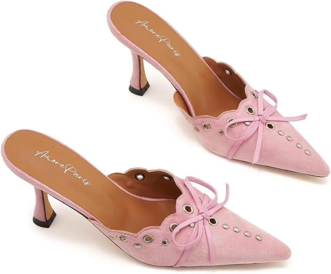 Bow Tie Heeled Mules for Women Pointy Studs Kitten Heels Dress Pumps Backless Stilettos Heels