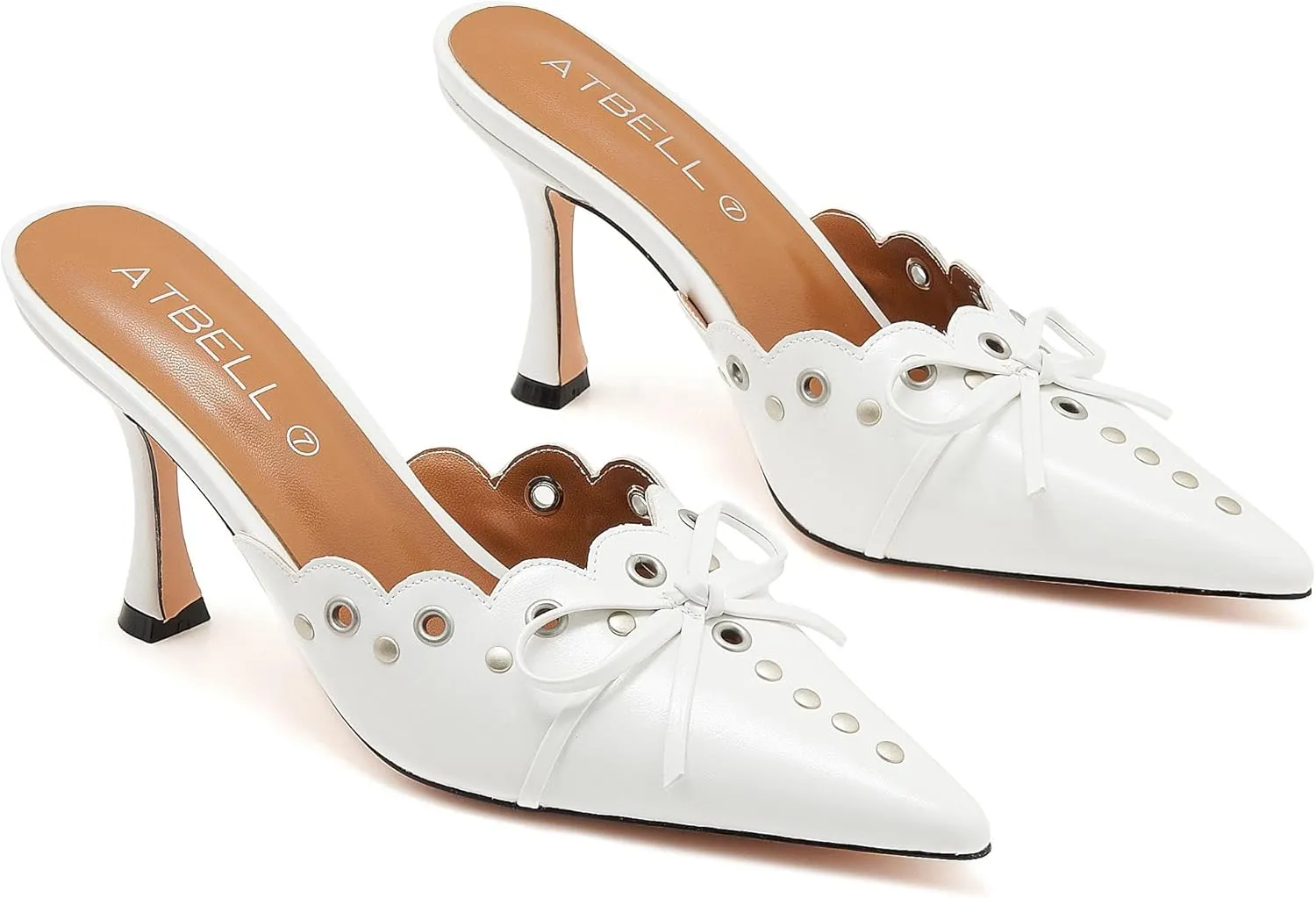 Bow Tie Heeled Mules for Women Pointy Studs Kitten Heels Dress Pumps Backless Stilettos Heels