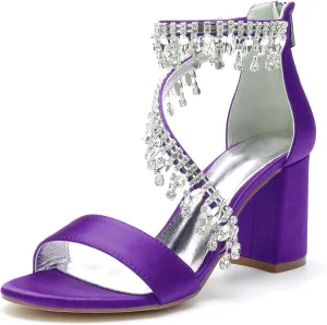 Bride Women's Crystal Peep Toe Block Heels Sandals Bridal Shoes Satin Wedding Pumps Ankle Strap Evening Party Dress Zipper Back Pendant