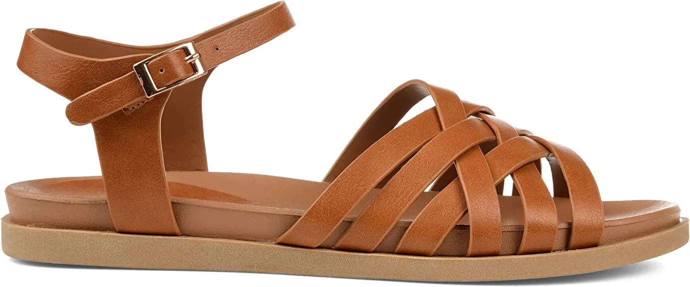 Brinley Co. Womens Basketweave Ankle Strap Sandal Tan, 8 Regular US