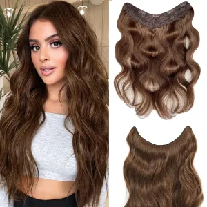 Brown Clip In Human Hair Extensions Body Wave Invisible One Piece Hairpiece Double Weft Real Hair Extension Clip on 100G 20 Inch V Shape Clip in Hair Extensions Brown for Women with 5 Secure Clips