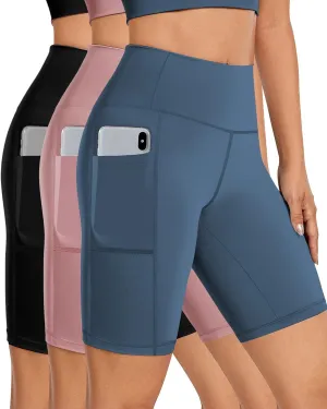 Buauty 2/3 Pack Biker Shorts Women Tummy Control with Pocket 8" High Waisted Yoga Running Workout Spandex Compression Shorts