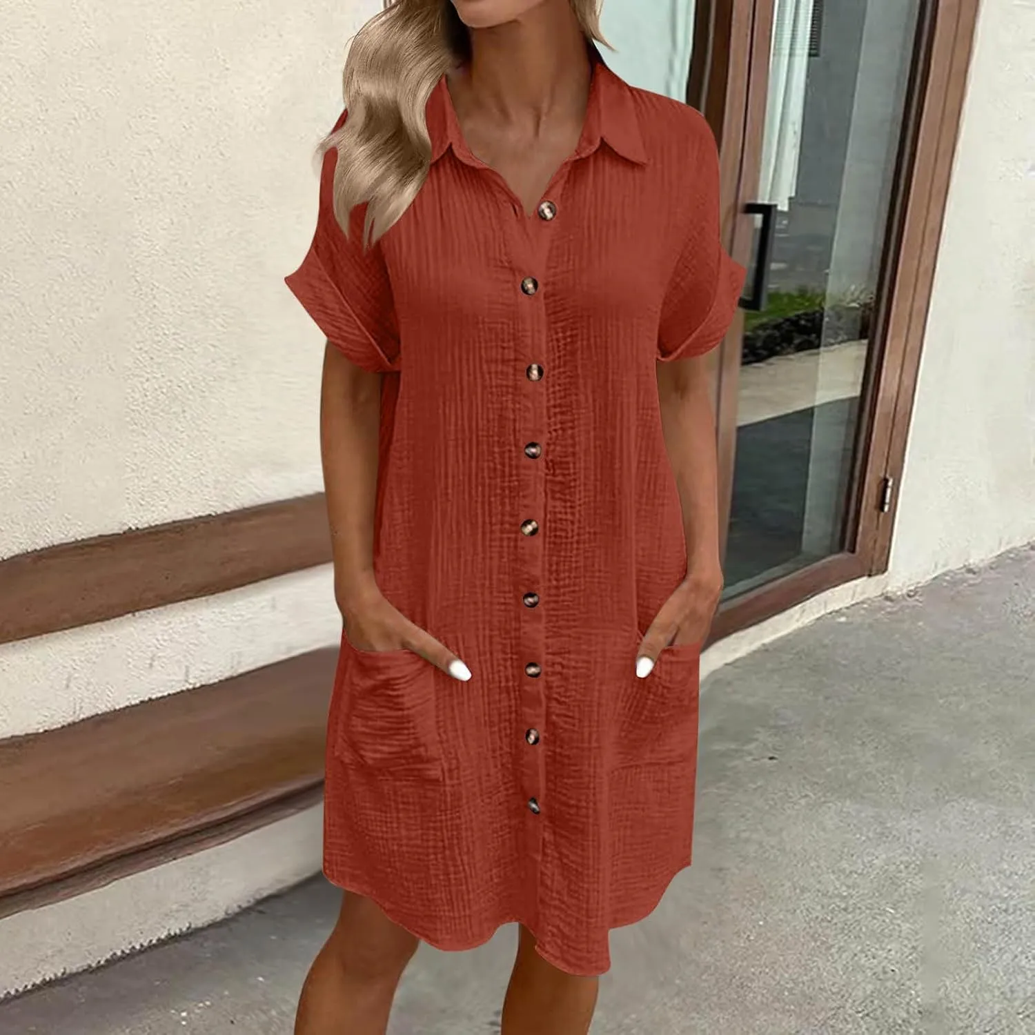 Button Down Dress for Women Summer Short Sleeve Tshirt Dresses Casual Flowy V Neck Loose Midi Beach Dress