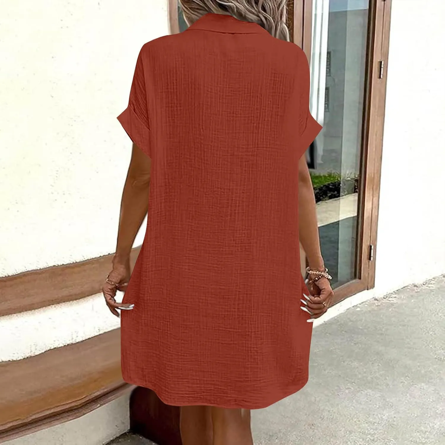 Button Down Dress for Women Summer Short Sleeve Tshirt Dresses Casual Flowy V Neck Loose Midi Beach Dress