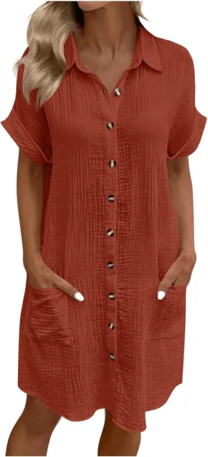 Button Down Dress for Women Summer Short Sleeve Tshirt Dresses Casual Flowy V Neck Loose Midi Beach Dress