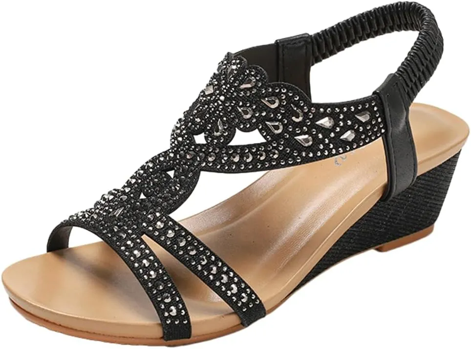 Caistre Wedge Sandals for Women Summer Comfortable Rhinestones Dressy Sandals Casual Bohemia Open Toe Shoes 2025